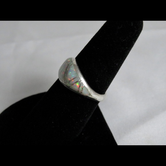 Sterling Silver Inlay White Lab Opal Dome Ring - Picture 3 of 12